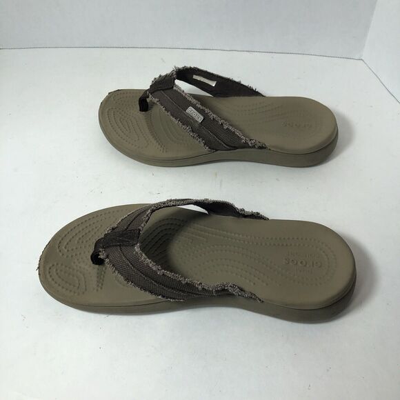 Crocs Sandals Mens Size 7 Dual Comfort Distressed Flip Flops Thong Taupe Brown C - Picture 10 of 11